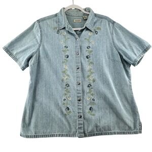 Classic Elements Floral Embroidered Denim Button Up Shirt Womens X-Large Y2K